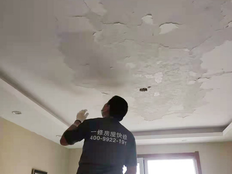 客廳天花板翻新：原有墻頂面有開(kāi)發(fā)商粗略批蕩，局部肉眼就能看出凹凸不平的差距，有的施工隊(duì)為了趕工，施工方在做墻面找平時(shí)直接用膩?zhàn)佣鴽](méi)用石膏粉，省了一道程序，結(jié)果造成膩?zhàn)訉犹?而膩?zhàn)又荒芷鸬阶屍矫孀兊闷秸饣淖饔?，而不能用?lái)找誤差較大墻面的平整，所以膩?zhàn)诱移奖容^厚的地方就會(huì)陸續(xù)的脫落。 乳膠漆施工溫度低，未能形成連續(xù)的涂膜而龜裂，遇水即會(huì)脫落;基層疏松，有油污等污物，涂膜與基層粘附不好，造成剝落;基層批刮膩?zhàn)訌?qiáng)度低，膩?zhàn)訉游锤赏讣赐克⑷槟z漆;基層過(guò)于平滑，以造成涂膜附著力不好。剝落：防范：施工前先觀察一